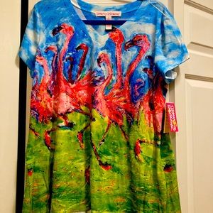 Colorful flamingo v neck top.
